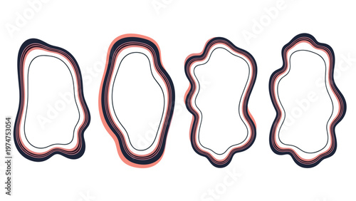 Four abstract organic shapes with concentric multi-layered outlines in dark blue and peach colors, providing a modern decorative motif.