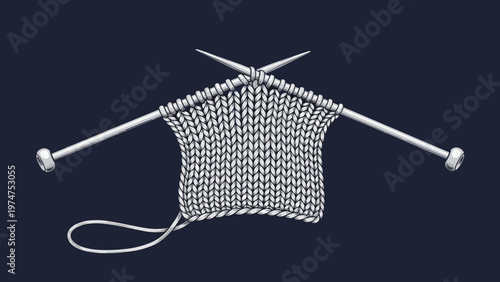 Detailed hand-drawn illustration of a pair of knitting needles with a piece of grey knitted fabric, set against a dark blue background.