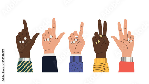 Collection of diverse human hands in various skin tones showing different finger counts and gestures, wearing colorful long-sleeved clothing.