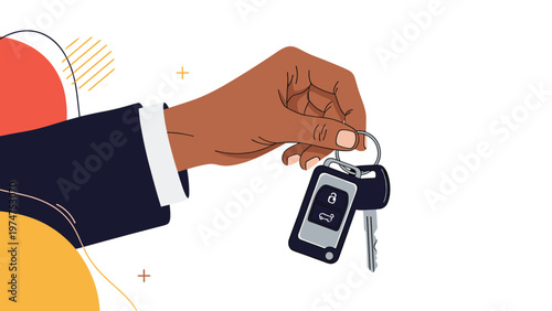 Close-up of a person holding car keys with an electronic remote fob against a modern white background with red and yellow accents.