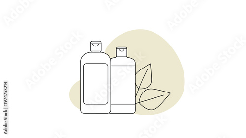 Minimalist line art of two cosmetic bottles for skincare or hair care, accented by simple leaf drawings and a beige circle background.