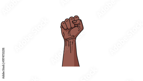 Illustration of a raised clenched fist with dark skin, symbolizing strength, resistance, solidarity, and social justice movements.