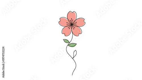 Delicate illustration of a single pink five-petal flower on a thin wavy stem with two small green leaves for a graceful botanical look.