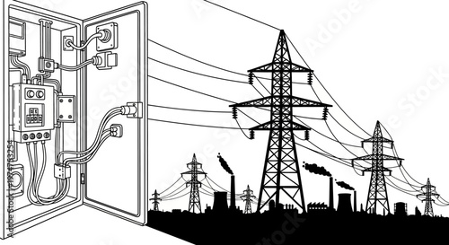 Electrical control panel illustration with danger tag and buttons
