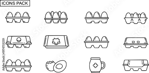 Black and White Line Art Icons Pack of Egg Cartons and Eggs