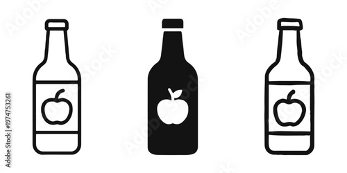 Apple Juice and Cider Bottle Icons: Fruit Beverage Symbols in Outline, Solid, and Hand-Drawn Styles
