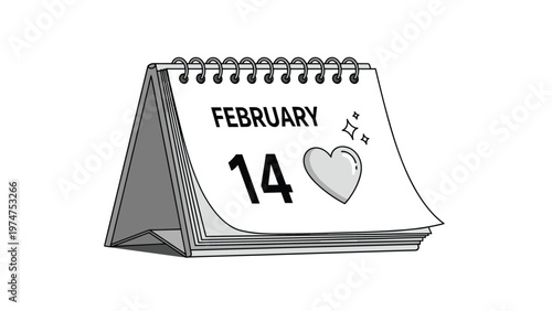 Desktop calendar illustration open to February 14th with a heart icon, marking Valentine's Day as a special occasion for love.