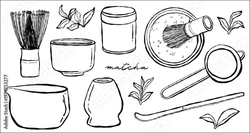 Cuadro en lienzo matcha tools vector set - one line drawing style