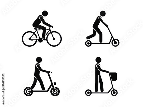 Icons of people riding bicycles and scooters isolated on white background