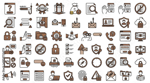 Social Security Scam Icon Set in Brown Linear Style. A collection of icons including retirees, identity theft, fraudulent phone call, medicare fraud, wire transfer, and more. Vector.