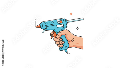 Hand holding a blue hot glue gun tool with an orange tip and glue stick for craft and diy project concepts in vector art.