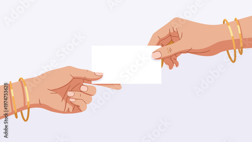 Two hands exchanging a blank white business card or identity card with gold jewelry detail on a neutral light background.