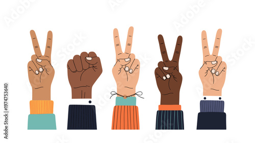 Group of diverse hands showing peace signs and fists wearing colorful clothing to represent unity and social activism.