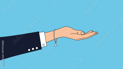 Formal suit sleeve and hand with open palm facing up over a solid blue background for presentation and offer concepts.