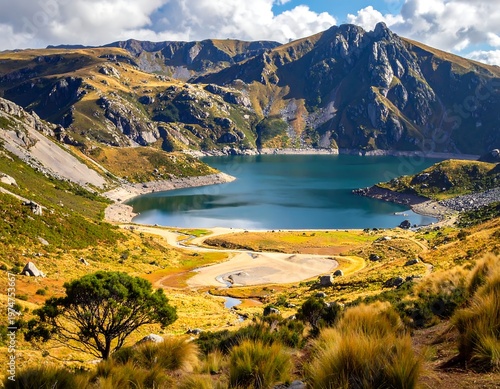 A serene lake surrounded by rugged mountains and sparse vegetation