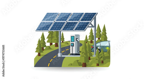 Solar powered electric vehicle charging station in a green landscape