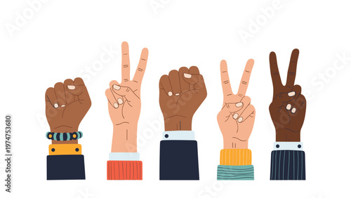 Diverse group of hands with different skin colors raised in peace and power gestures for equality and harmony concepts.
