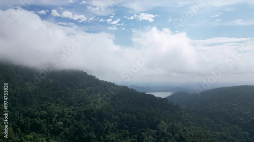 The sky is overcast with clouds, and the lush green trees