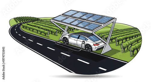Electric car charging on solar panels roadside station