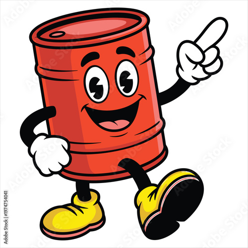A happy red oil barrel cartoon character points upwards with a big smile