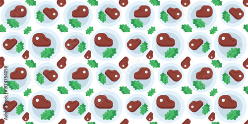 fresh raw meat steak seamless pattern flat design. protein rich food illustration for butcher shop packaging or grill restaurant menu. simple vector. pattern with white background. 