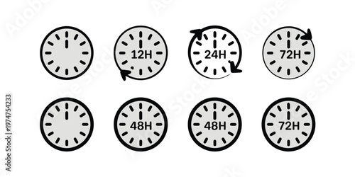 12, 24, 48, and 72 hours clock arrow vector icon set vector illustration, representing delivery and service time, fast shipping, and time management