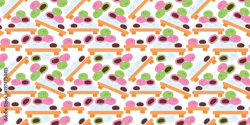 japanese mochi rice cake seamless pattern flat. soft chewy dessert food illustration for asian bakery packaging or cafe design. simple vector. pattern with white background. 