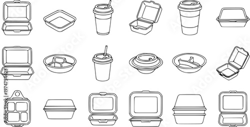 Black and White Line Art Icons of Food Packaging and Drink Containers - Food Industry