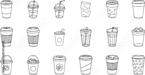 Black and White Line Art Collection of Various Disposable Coffee Cups and Drinks
