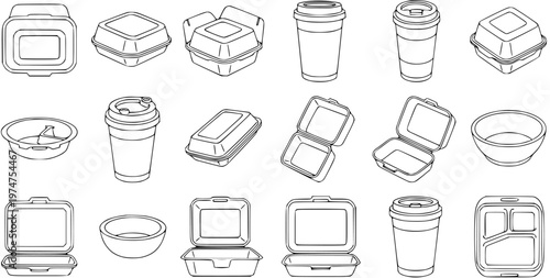 Food Delivery  Takeaway Packaging Black and White Line Art Vector Set. Outline Illustrations of Disposable Containers, Coffee Cups, Lunch Boxes, and Bowls for Restaurant and Catering Industry.