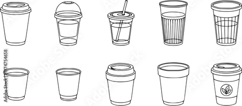 Food and Drink Industry Disposable Cups Black and White Line Art Vector Set. Outline Icons of Coffee, Smoothie, Juice, and Takeaway Beverage Containers Collection.