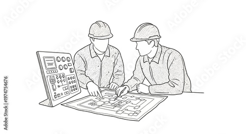 Two engineers in hard hats examining a large blueprint with industrial control panel