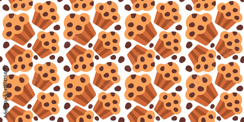 baked muffin with paper cup seamless pattern flat. sweet breakfast pastry food illustration for bakery packaging or cafe design. simple vector. pattern with white background. 