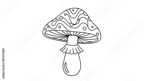 Black and white line drawing of a fanciful mushroom features a patterned cap and a flared stem for coloring or design.