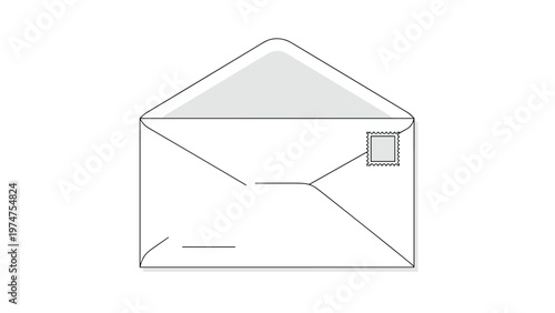 Clean black outline of an open paper envelope with a small postage stamp represents traditional mail and correspondence.