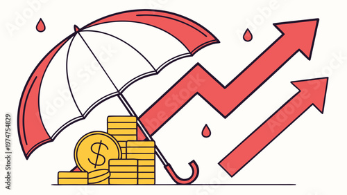 Vector illustration of a 3d gold dollar sign icon with a finance graph and red arrow for business money protection and security design