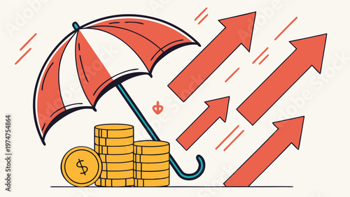 Financial crisis concept featuring gold euro currency symbols and a falling growth arrow illustrates a risky banking investment and the need for a protective finance umbrella