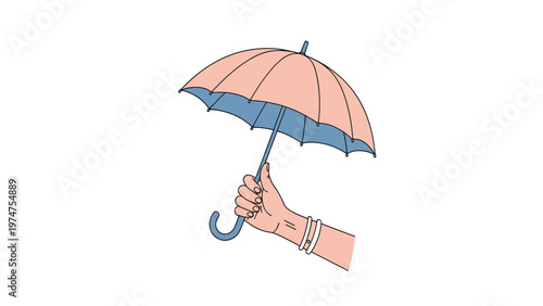 Human hand holding a pink and blue umbrella provides protection from the rain and signifies care and preparation.