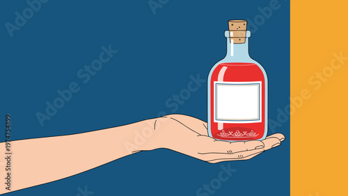 Person holding a glass bottle filled with magical red liquid potion or elixir against a two-tone blue and yellow background.