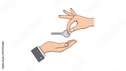 Hands exchanging a silver key where one person gives and another receives symbolizing a new home or success.