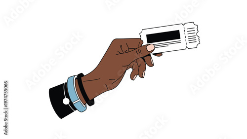 Dark skinned hand holding a blank white ticket or voucher with a black stripe for event and travel entry concepts.