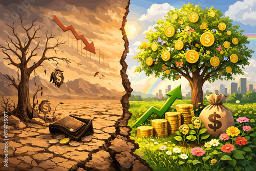 Financial Growth vs Economic Crisis Concept, Split Landscape with Drought and Money Tree Prosperity Illustration