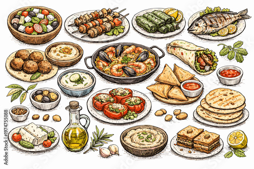Mediterranean Cuisine Collection, Traditional Food Set with Seafood Meze Vegetables Olive Oil and Healthy Dishes Illustration