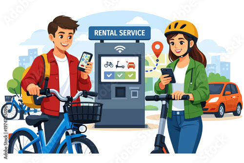 Bike and Scooter Rental Service Concept, Urban Mobility Sharing with Mobile App and Electric Transport Illustration