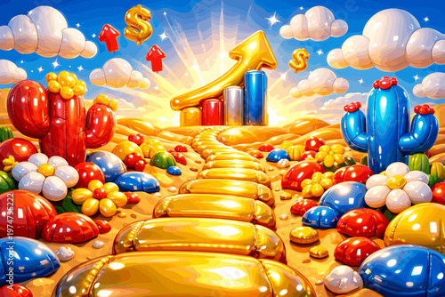 Colorful Financial Growth Concept with Rising Golden Path, Coins and Prosperity Landscape