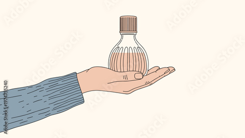 Close up illustration of a hand holding a small delicate glass bottle with a ribbed cap containing a light pink liquid for perfume or oil.