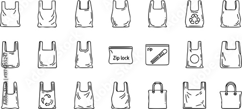Black and White Line Art Icons Collection of Various Shopping and Packaging Bags, including Classic Plastic, Grocery, Zip Lock, and Reusable Tote Bags, for Retail and Environmental Designs.