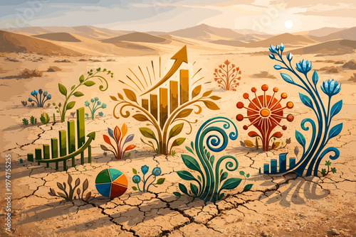 Economic Growth Concept in Desert with Rising Chart, Plants and Financial Development Illustration