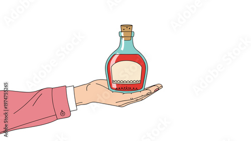 Illustration of a hand holding a vintage glass potion bottle filled with red liquid and sealed with a cork stopper for fantasy themes.