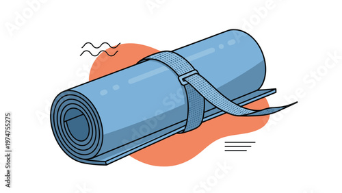 Detailed illustration of a rolled blue exercise mat with a textured strap set against an abstract orange background for fitness themes.